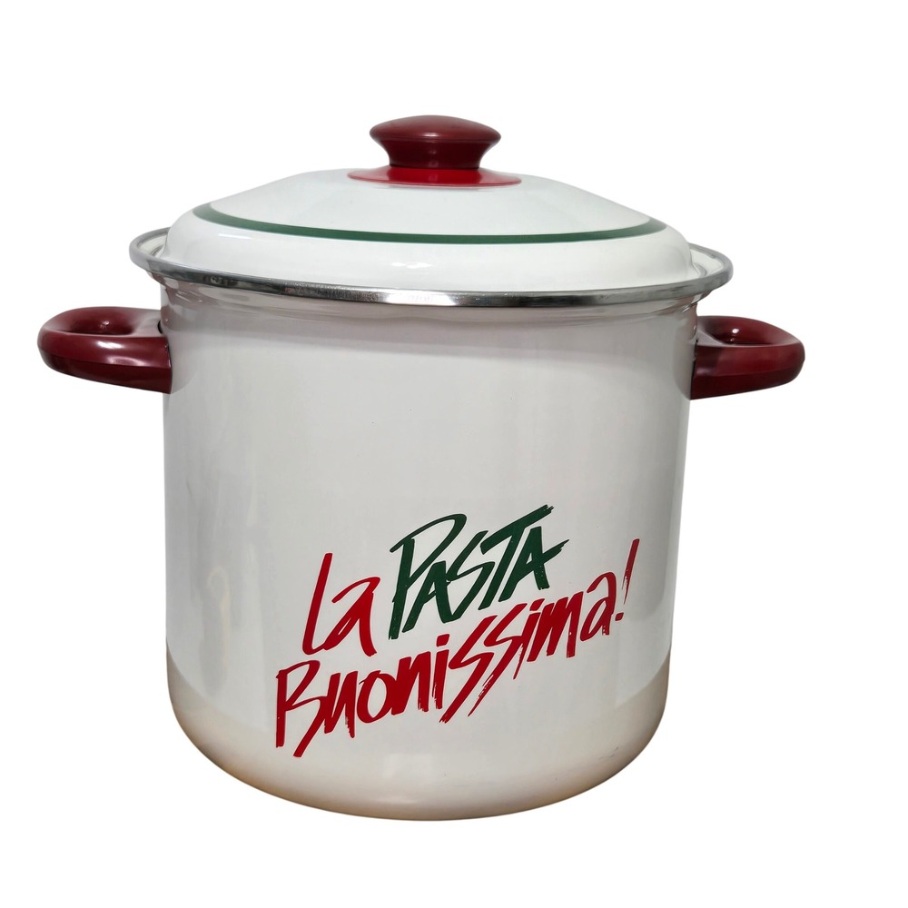 Vintage Enamel Stockpot La Pasta Buonissima White Red Green Italian Kitchen Pot